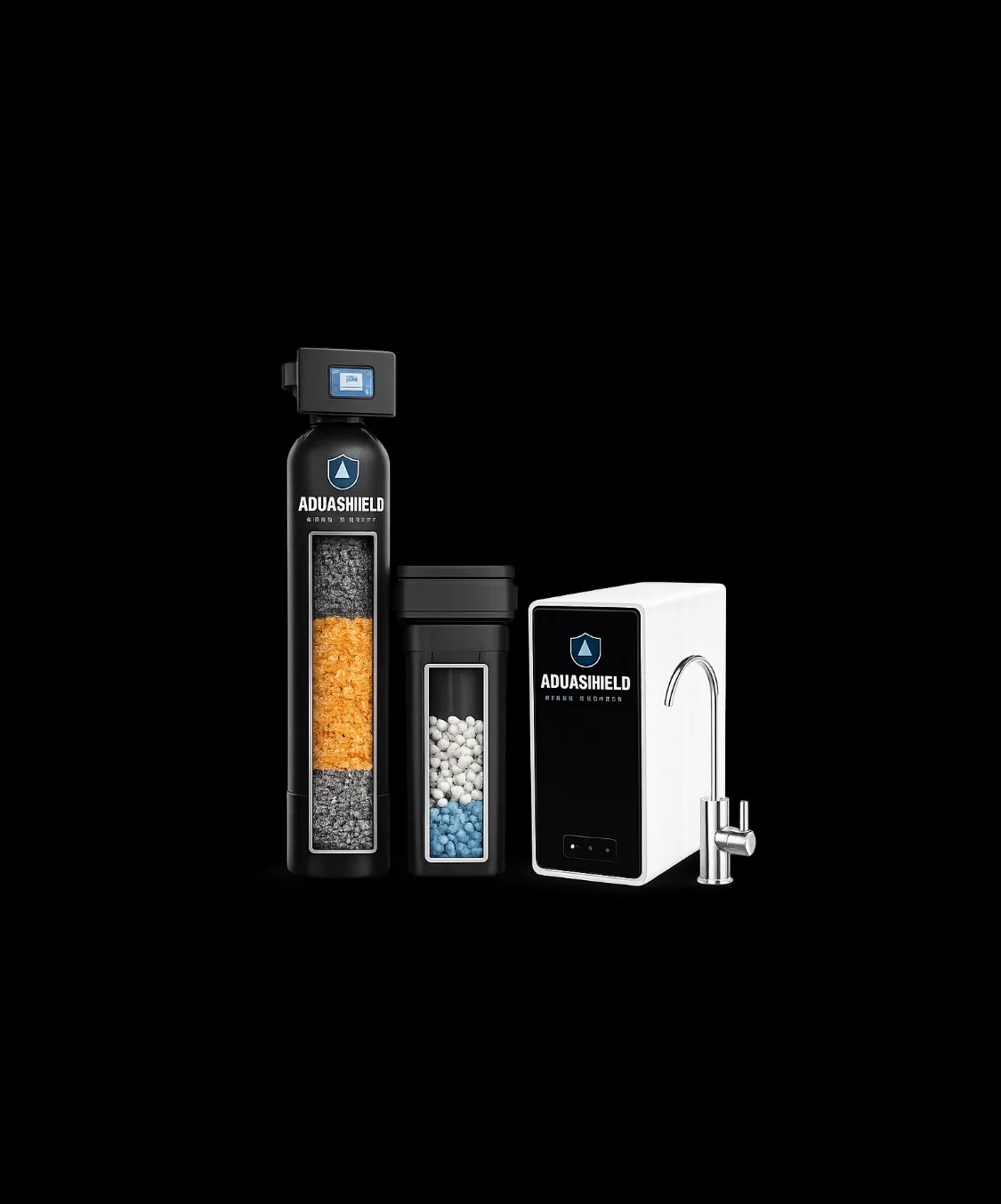 AquaShield water softener, filter tank, and chrome faucet system components AquaShield water softener, filter tank, and chrome faucet system components