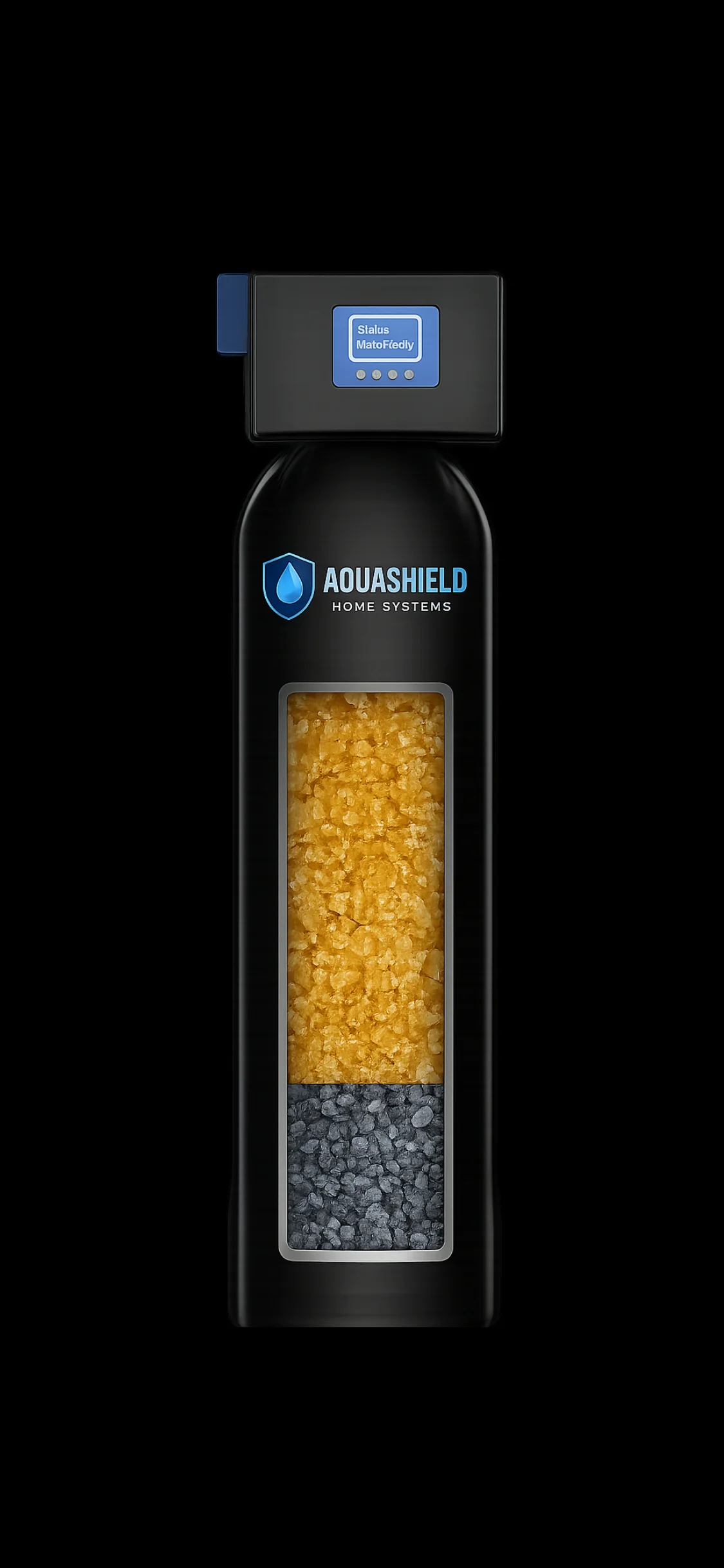 Black AquaShield water filtration tank with dual-stage media and digital control panel Black AquaShield water filtration tank with dual-stage media and digital control panel