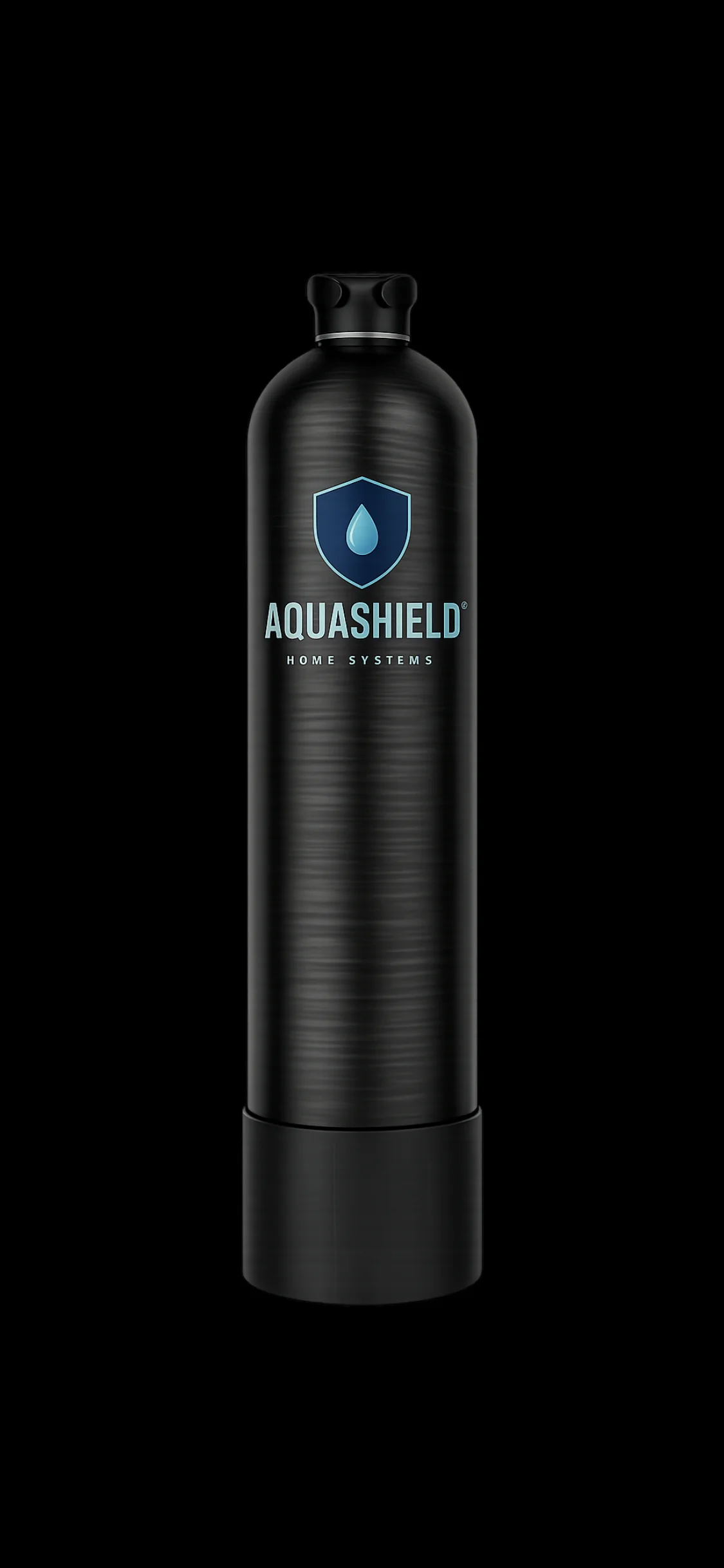 Black AquaShield water filtration tank with shield logo and drop icon Black AquaShield water filtration tank with shield logo and drop icon