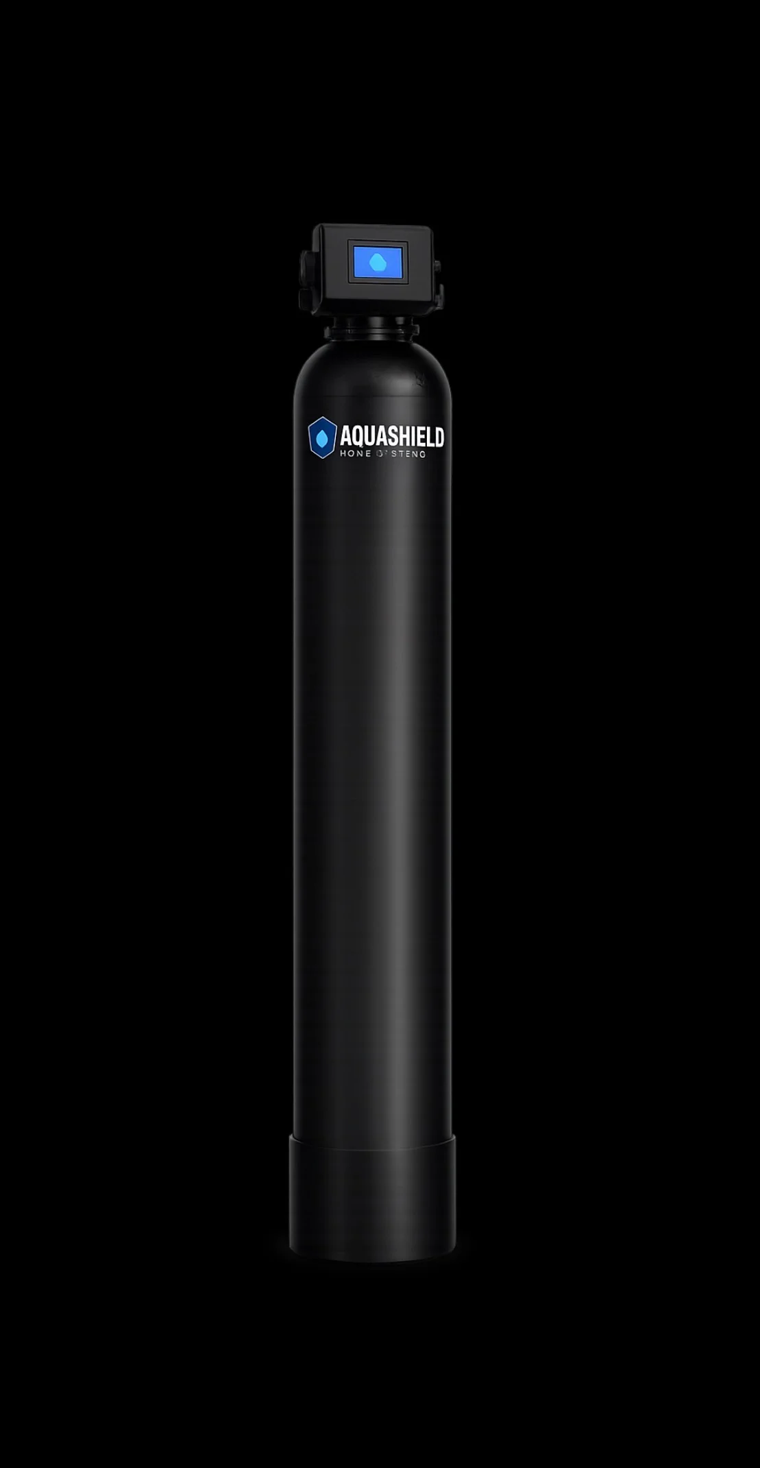 Black AquaShield water filtration tank with digital control head and LCD display Black AquaShield water filtration tank with digital control head and LCD display