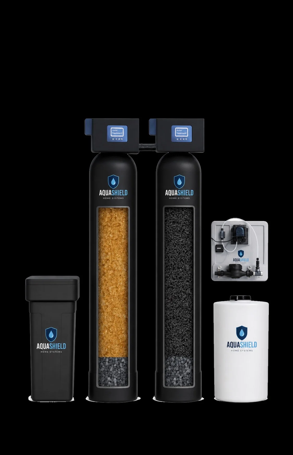 AquaShield dual-tank water filtration system with digital controls and filter media AquaShield dual-tank water filtration system with digital controls and filter media